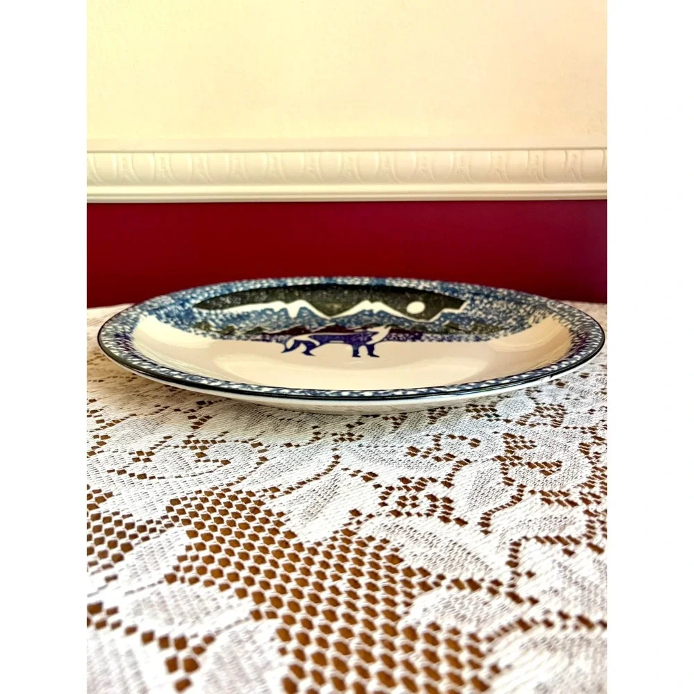 Tienshan‎ Folk Craft Wolf Chop Plate Blue White Mountain Cabin Stoneware 12